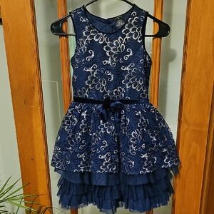 Navy Blue Sleeveless Dress with Silver Floral Pattern